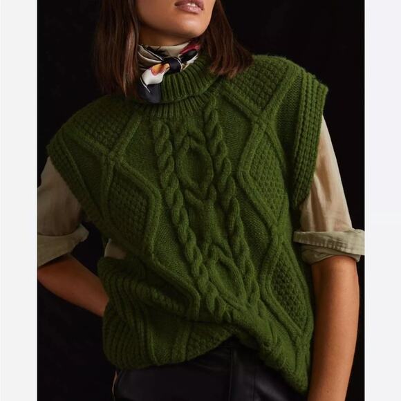 Anthropologie Green Cable Knit Turtleneck Sweater - Picture 1 of 7